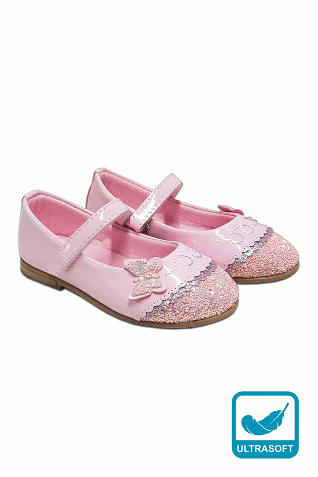 Pink Patent Leather Glittery Butterfly Soft Girls' Ballerinas