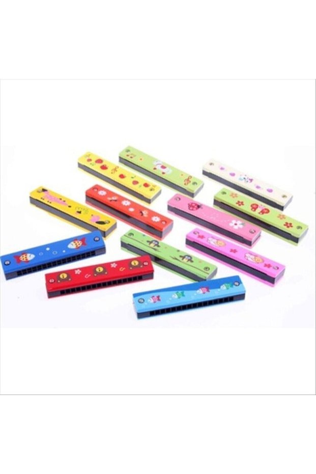 Haniş Home Wooden Harmonica 16 Holes Double Row Colorful Patterned Children's Harmonica