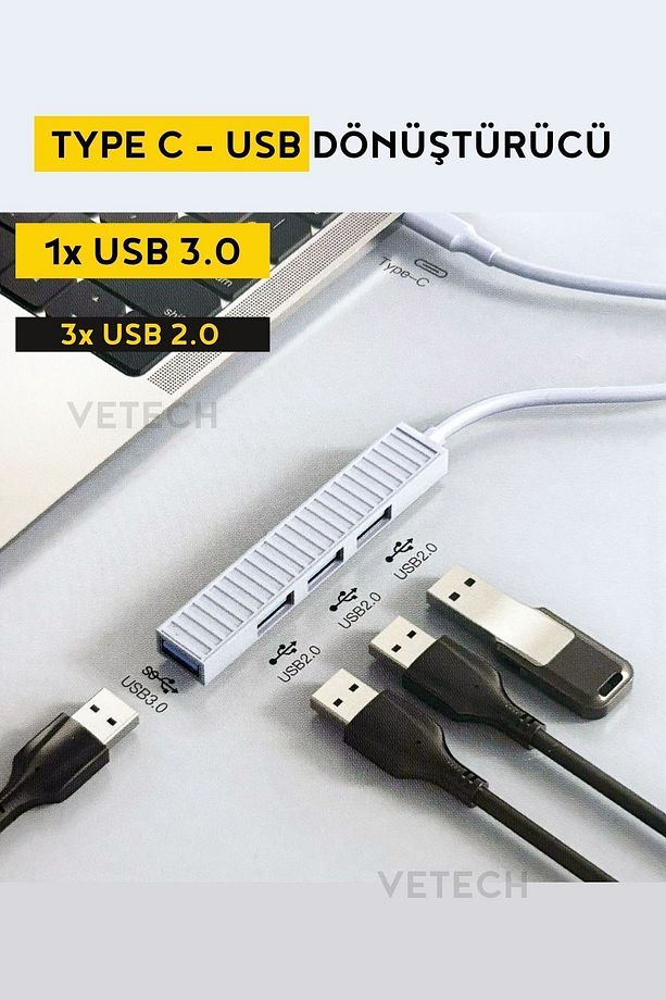 TYPE C USB Dönüştürücü Hub 4 Port Çoklayıcı Macbook / Laptop / Notebook Uyumlu Çoğaltıcı - 2