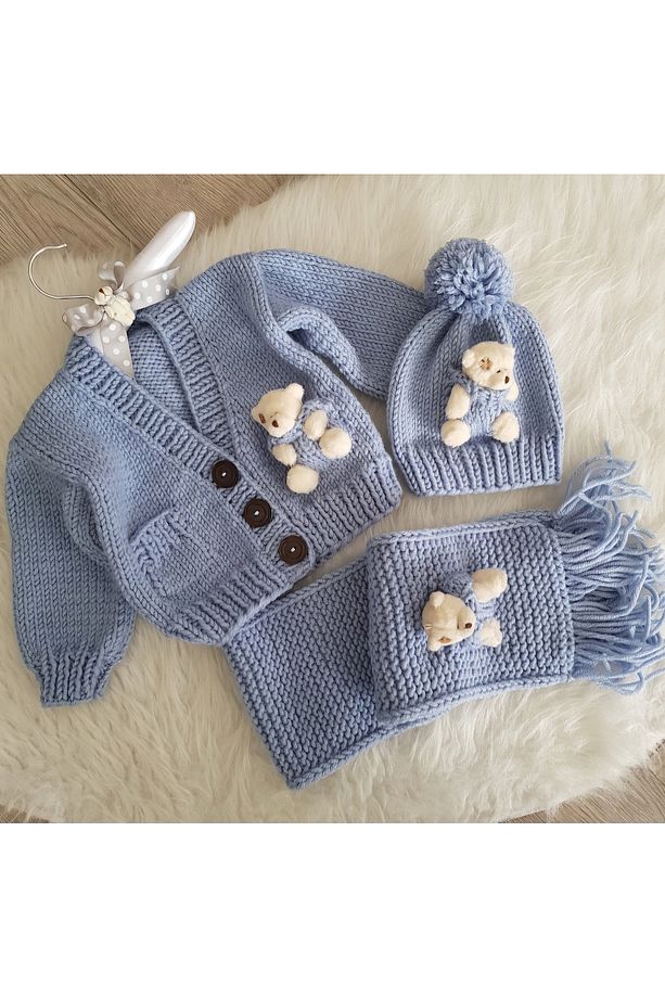 Ayıcıklı El Örgüsü Unisex Bebek Çocuk Hırkası Bere ve Atkı Set - 3