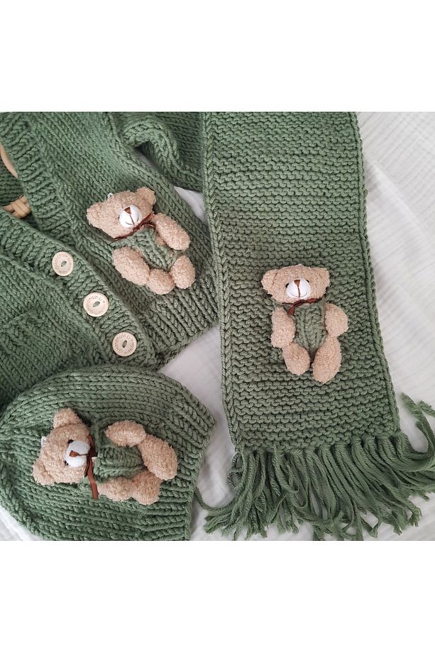 Ayıcıklı El Örgüsü Unisex Bebek Çocuk Hırkası Bere ve Atkı Set - 3