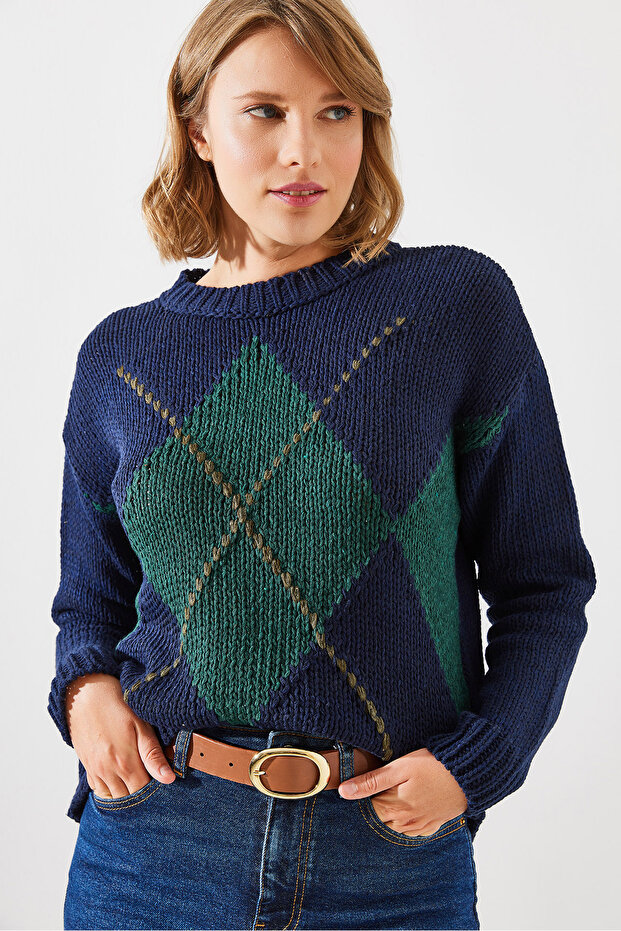 Women's Navy Blue Argyle Sweater 20246195