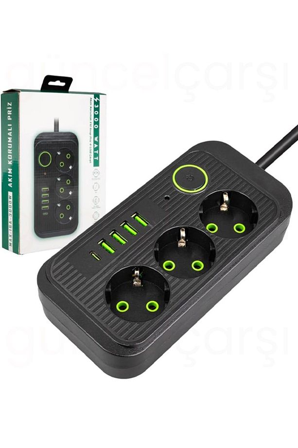 Akım Korumalı 3'lü Çoklu Priz, 4 Usb + 1 Type C Pd, 1.5 Mt Kablo, Üçlü Grup Priz - Siyah - 5