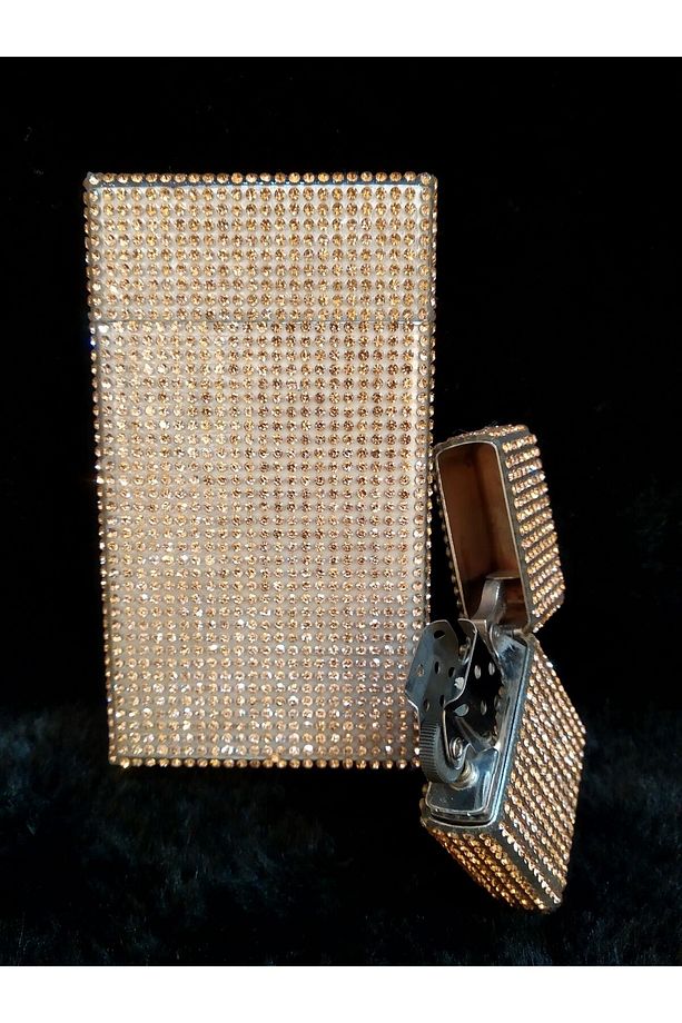 Parlak Gold Taş Kaplama Slim (İNCE) Uzun Sigara Kutusu Ve Zippo Çakmak Seti - 4