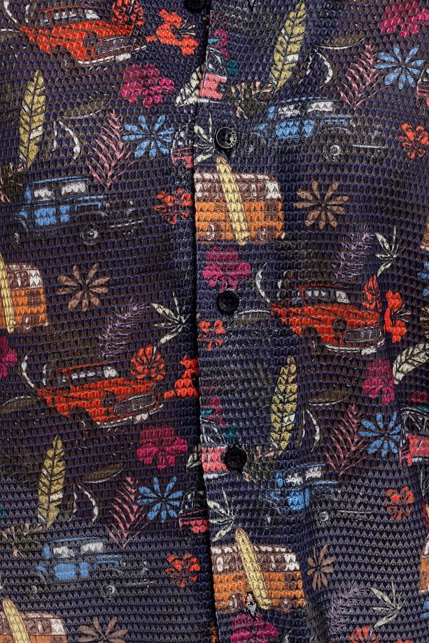 Kadın Retro Karavan Desenli %100 Polyester Örme Kısa Kollu Gömlek - 6