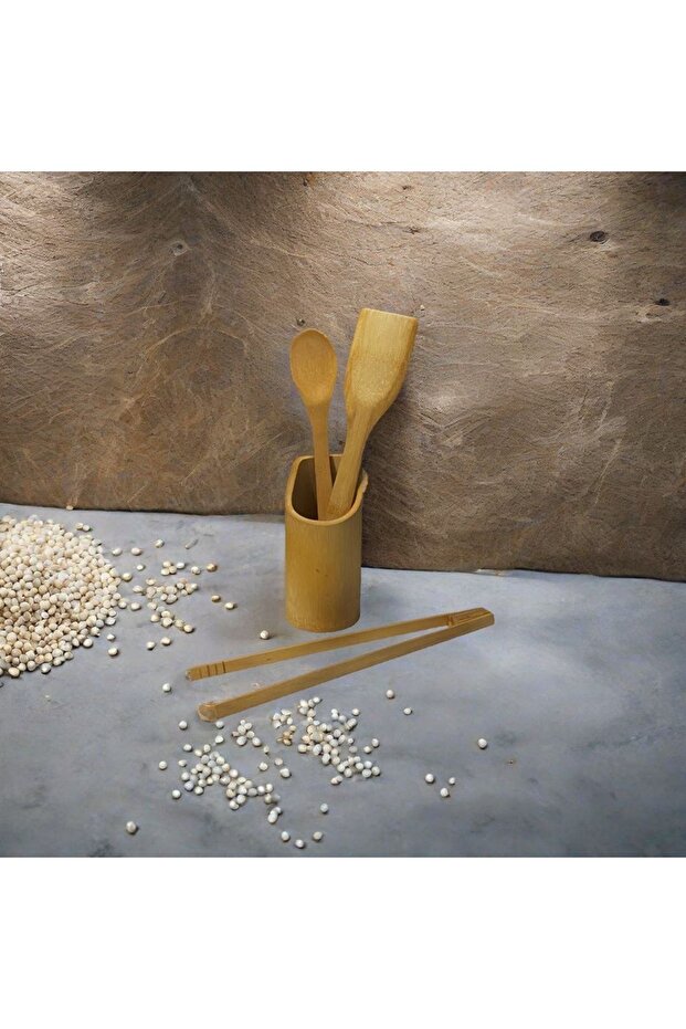Standlı Bambu Kaşık Seti 4 Parça - Maşa - Kaşık - Spatula Bambu Yerli Üretim - 4
