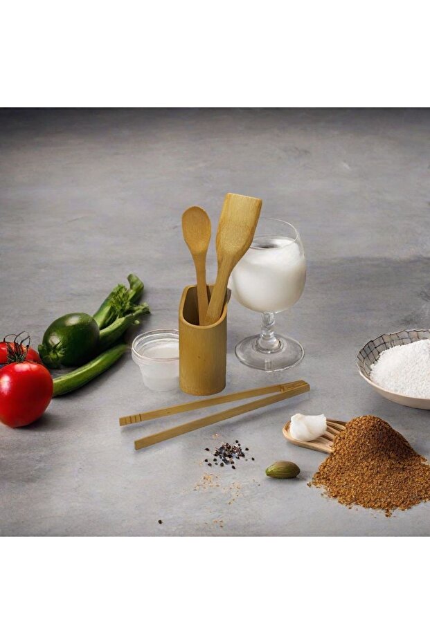 Standlı Bambu Kaşık Seti 4 Parça - Maşa - Kaşık - Spatula Bambu Yerli Üretim - 3