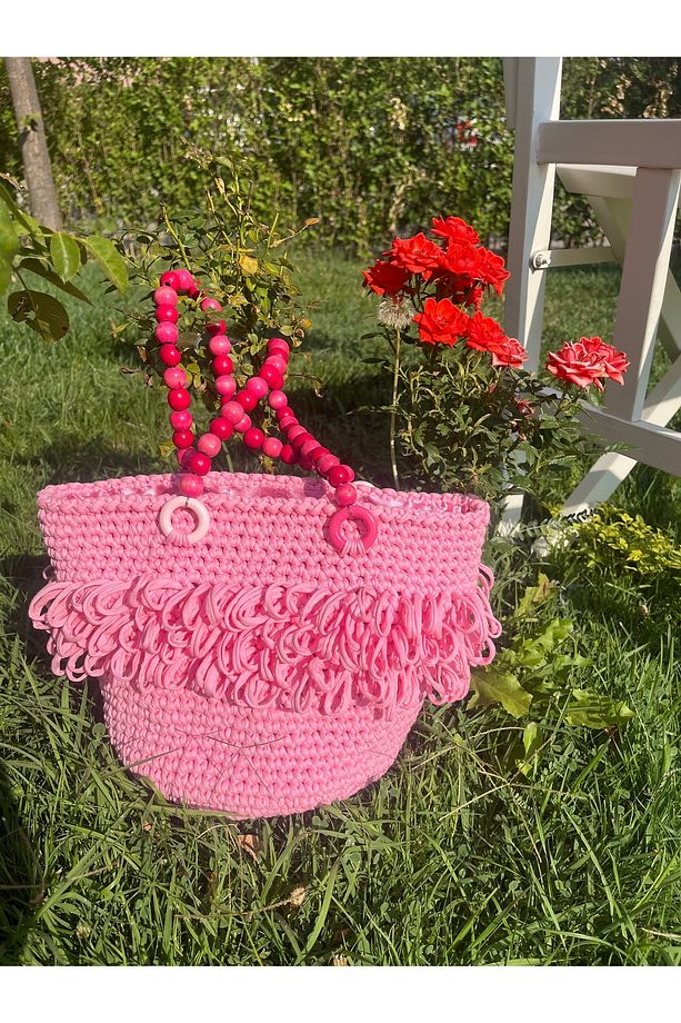 Pembe Penye İp El Yapımı Çanta, Tahta Boncuk Askı, Gül Desenli Astar - 2