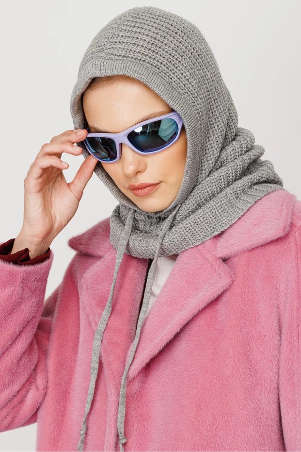 Gray Balaclava Winter Knitwear Headgear Made of Breathable Fabrics.