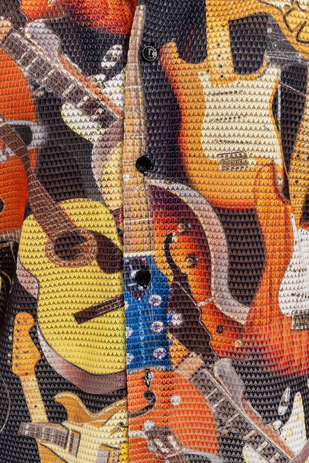 Kadın Gitar Desenli %100 Polyester Örme Kısa Kollu Gömlek - 5