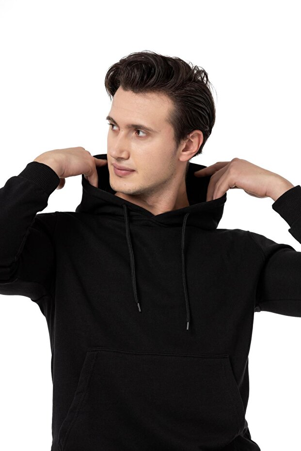 Siyah Erkek Kapüşonlu Basic Sweatshirt M1518ts - 4
