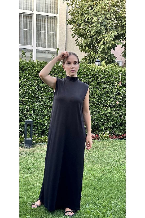 Siyah Dikyaka Kolsuz Içlik Elbise Dikyakalı Kolsuz Basic Elbise Modal Uzun Elbise - 3
