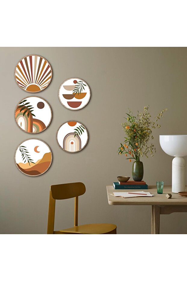 Dekoratif Çiçeçekler Mdf 5 Parça Çerçeve Görünümlü Daire Tablo Set - 4