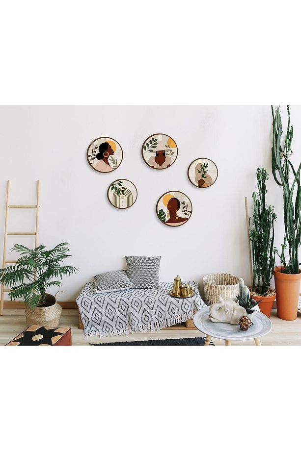 Dekoratif Çiçeçekler Mdf 5 Parça Çerçeve Görünümlü Daire Tablo Set - 5