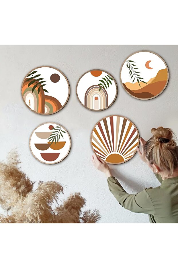 Dekoratif Çiçeçekler Mdf 5 Parça Çerçeve Görünümlü Daire Tablo Set - 1