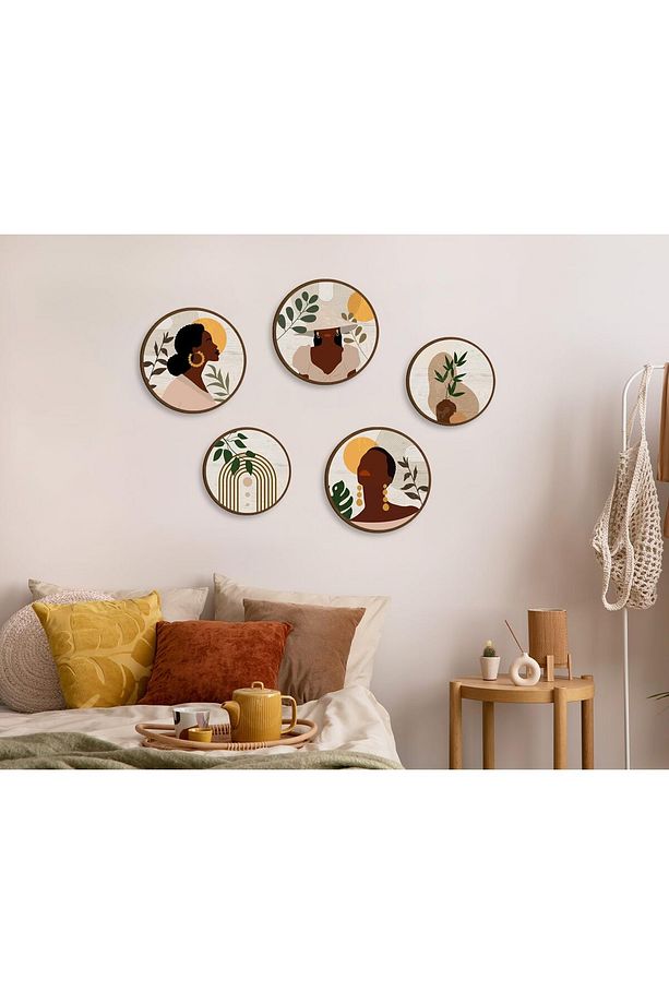 Dekoratif Çiçeçekler Mdf 5 Parça Çerçeve Görünümlü Daire Tablo Set - 3