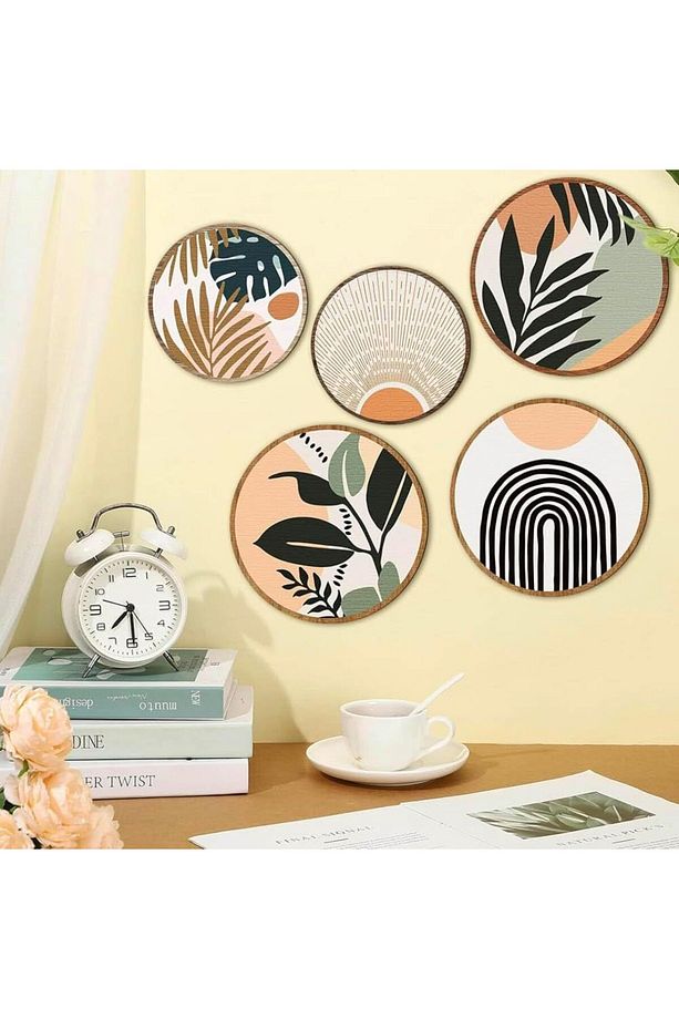 Dekoratif Çiçeçekler Mdf 5 Parça Çerçeve Görünümlü Daire Tablo Set - 3