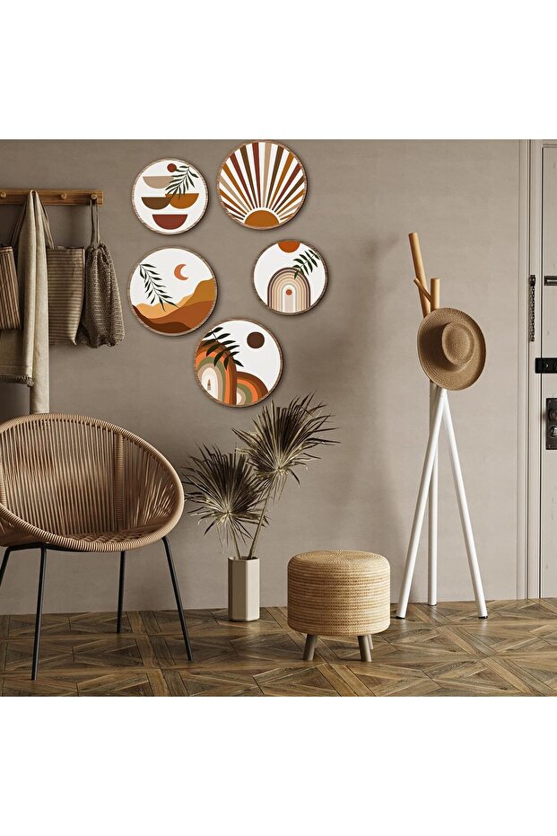 Dekoratif Çiçeçekler Mdf 5 Parça Çerçeve Görünümlü Daire Tablo Set - 3