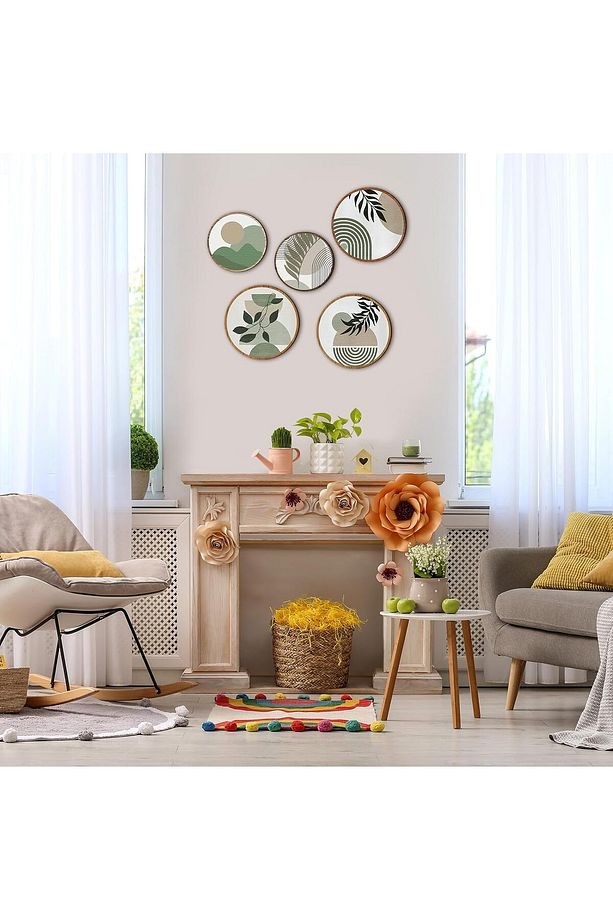 Dekoratif Çiçeçekler Mdf 5 Parça Çerçeve Görünümlü Daire Tablo Set - 3
