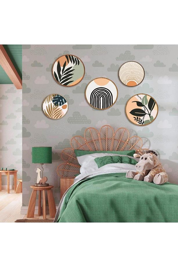 Dekoratif Çiçeçekler Mdf 5 Parça Çerçeve Görünümlü Daire Tablo Set - 5
