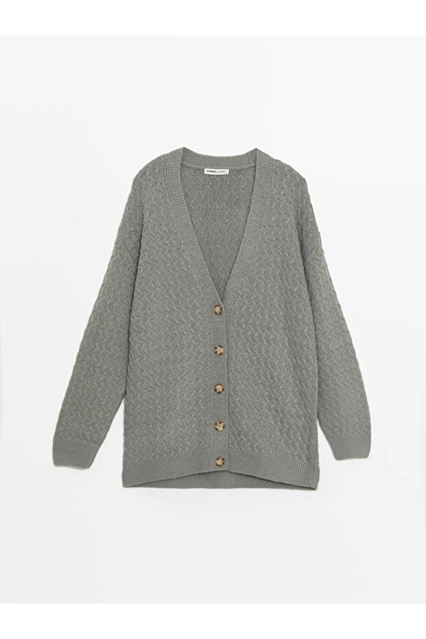 LCWAIKIKI Basic V Yaka Kendinden Desenli Uzun Kollu Kadın Triko Hırka - 6