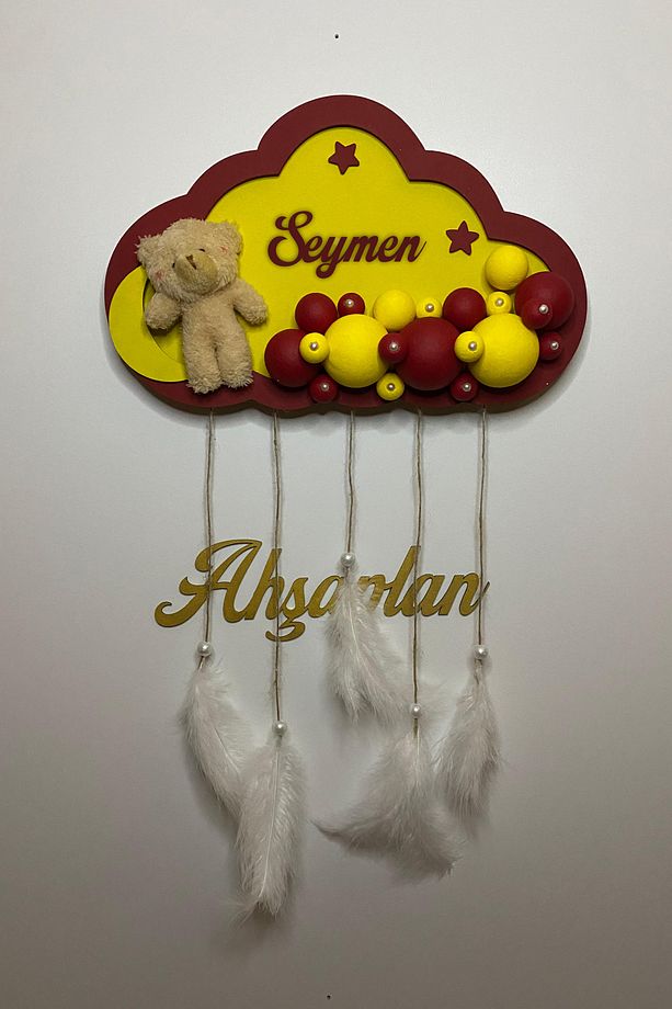 Bubble Ledli Sarı Kırmızı Bulut Bebek Kapı Süsü | Bebek Odası Takım Duvar Süsü - 2