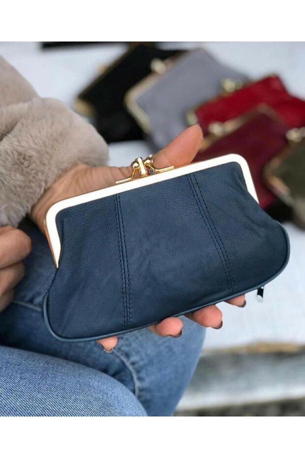 Clip-on Leather Navy Blue Women's Wallet