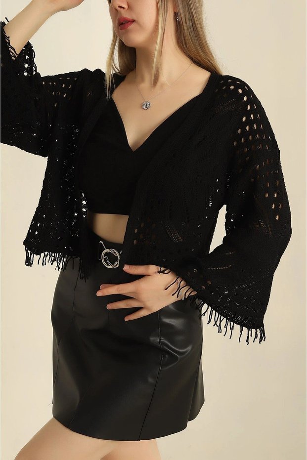 Women's Tasseled Patterned Openwork Seasonal Open Front Knitwear Cardigan 100% Cotton
