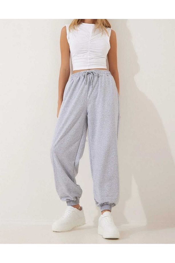 Unisex Gri Yüksek Bel Joggers-jogger Eşofman-paça Lastikli - 2