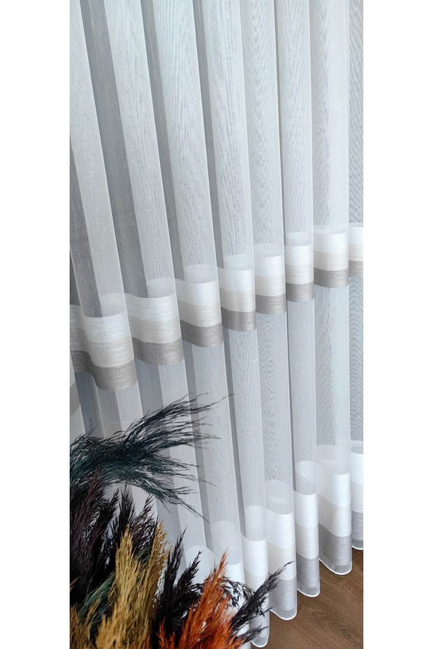 Cream White Coffee Horizontal 3 Stripe 1/3 TIGHT PLEAT Ecru Bamboo Tulle Curtain Wrinkle-Free Iron-Free Living Room Curtain