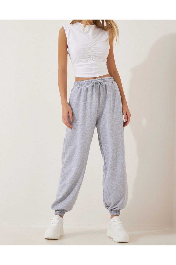 Unisex Gri Yüksek Bel Joggers-jogger Eşofman-paça Lastikli - 5