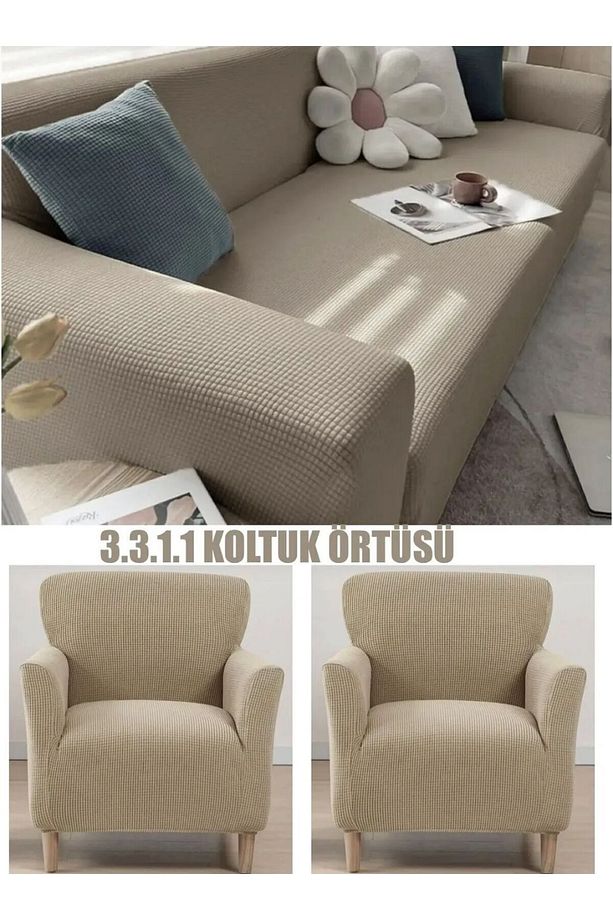 3+3+1+1 Likrali Kare Desen Esnek Yikanabilir Koltuk Örtüsü Takımı Koltuk Takımı - 1