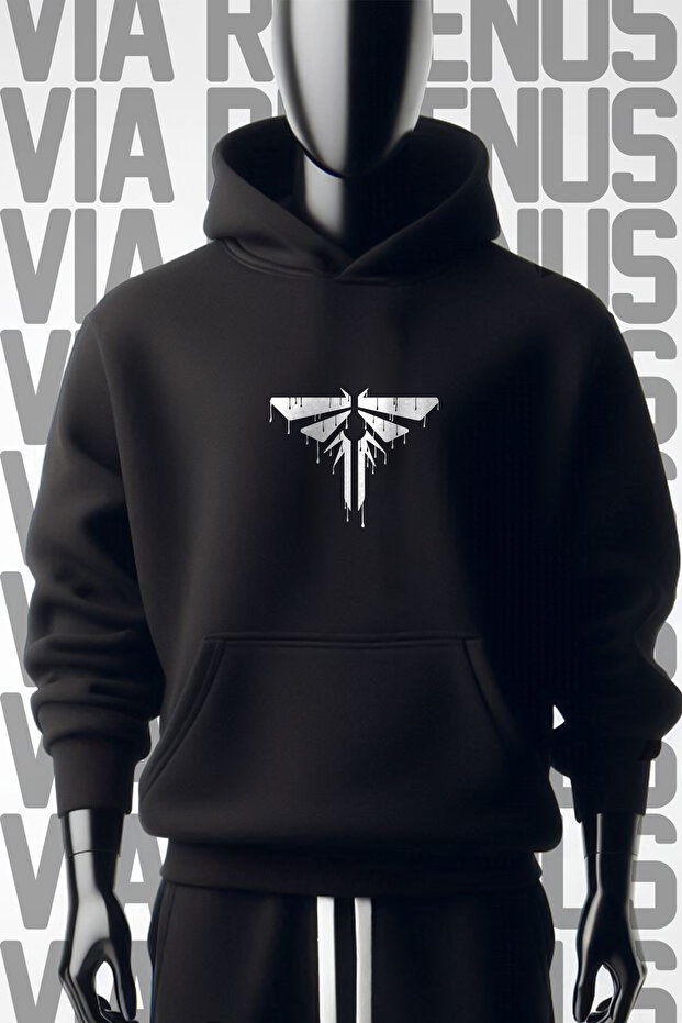 Last of Us Front and Back Printed 3 Thread Wide Pattern Black Hooded Sweatshirt