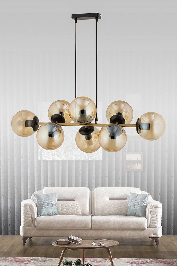 Cross 8'li Eskitme Bal Rengi Glob Camlı Modern Sarkıt Avize Oturma Odası Salon - 1