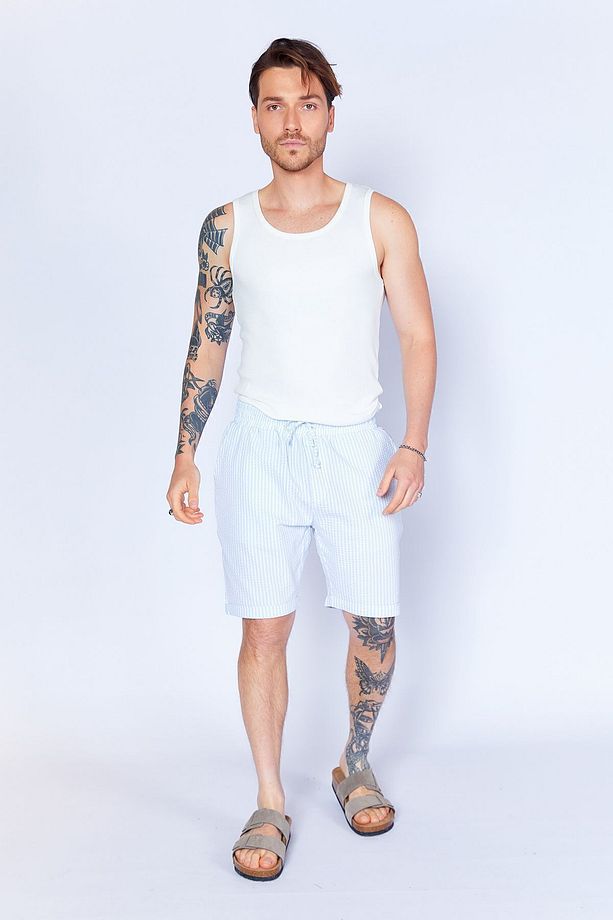 Gofre Çizgili Jogger Beli Lastikli Erkek Şort  | Mavi MES650453-01 - 4