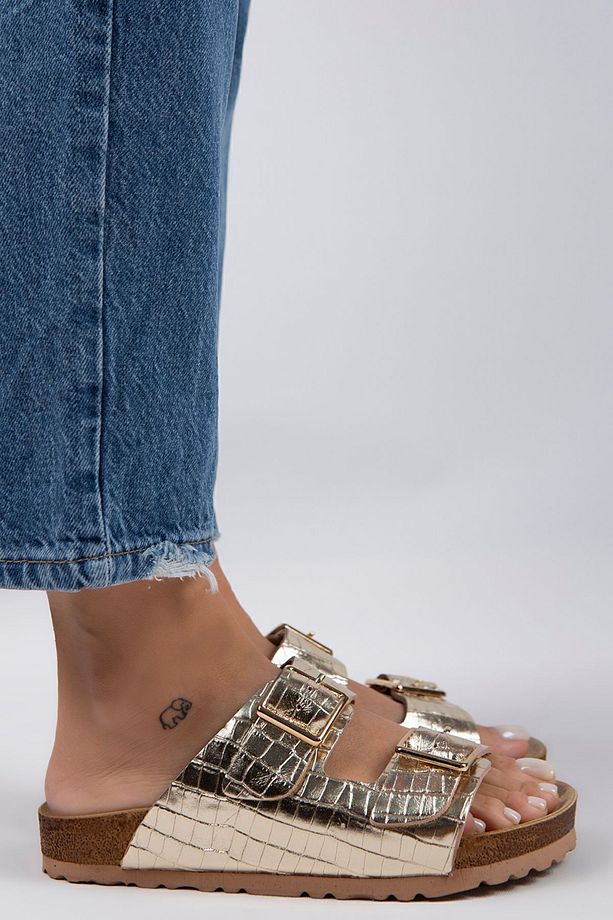Croco Kadın Hakiki Deri Çift Tokalı Crocodile Gold Terlik - 2