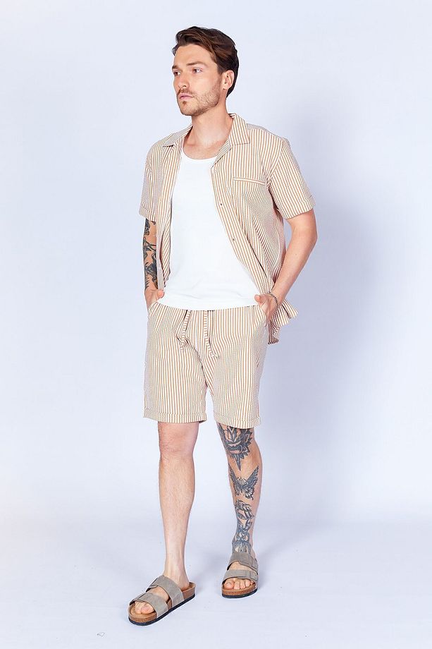 Gofre Çizgili Jogger Beli Lastikli Erkek Şort  | Camel MES650453-01 - 7