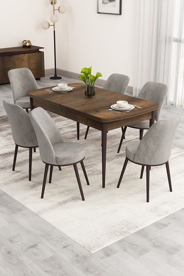 Nix Serisi Açılabilir 70x114 Barok Ahşap Desen Mutfak Masası Takımı ve 6 Gri Sandalye - 1