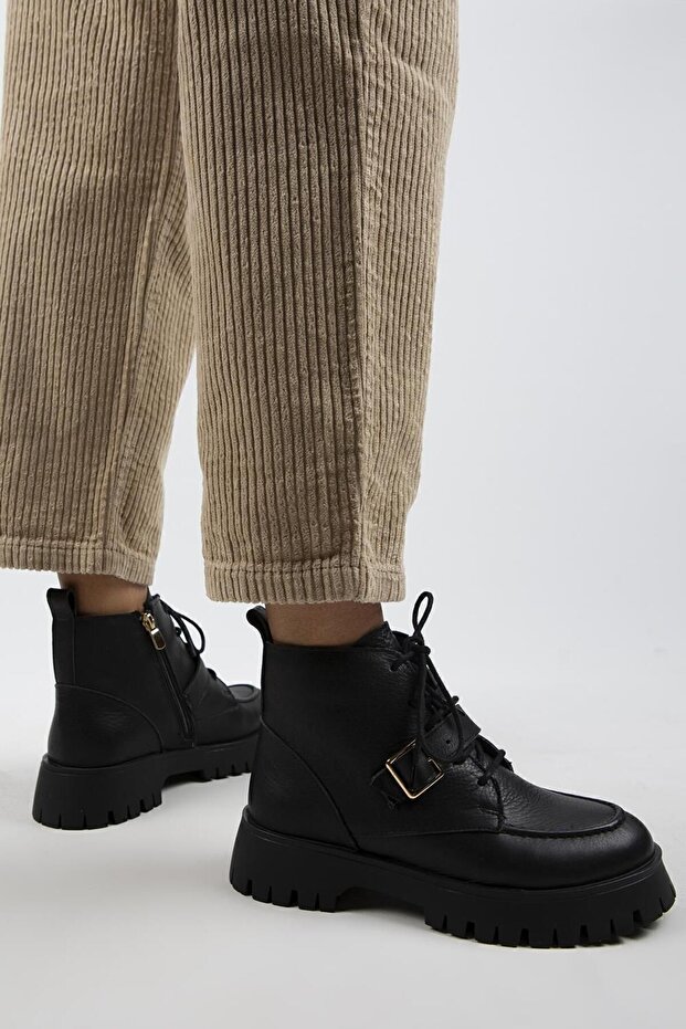 Samantha Women's Genuine Leather Lace-up Zippered Buckle Black Boots