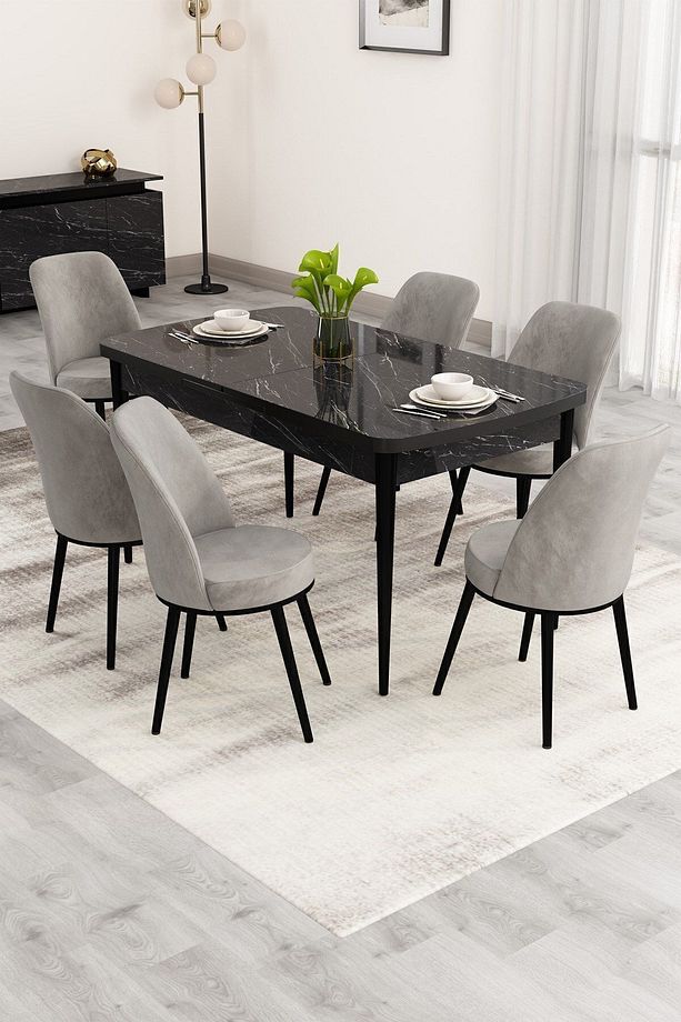Nix Serisi Açılabilir 70x114 Siyah Mermer Desen Mutfak Masası Takımı Ve 6 Gri Sandalye - 1
