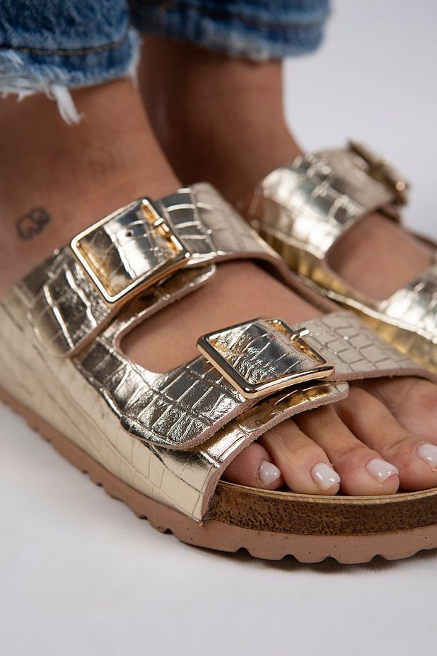 Croco Kadın Hakiki Deri Çift Tokalı Crocodile Gold Terlik - 4