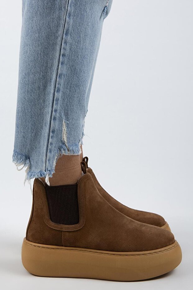 Ove Women's Genuine Leather Elastic Fur Lined Tan Boots