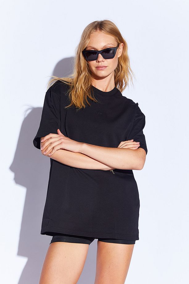 Siyah Kalın Soft Dokulu enjeksiyon minimal baskı detaylı Oversize  %100 Pamuk unisex T-shirt | 5397 - 4