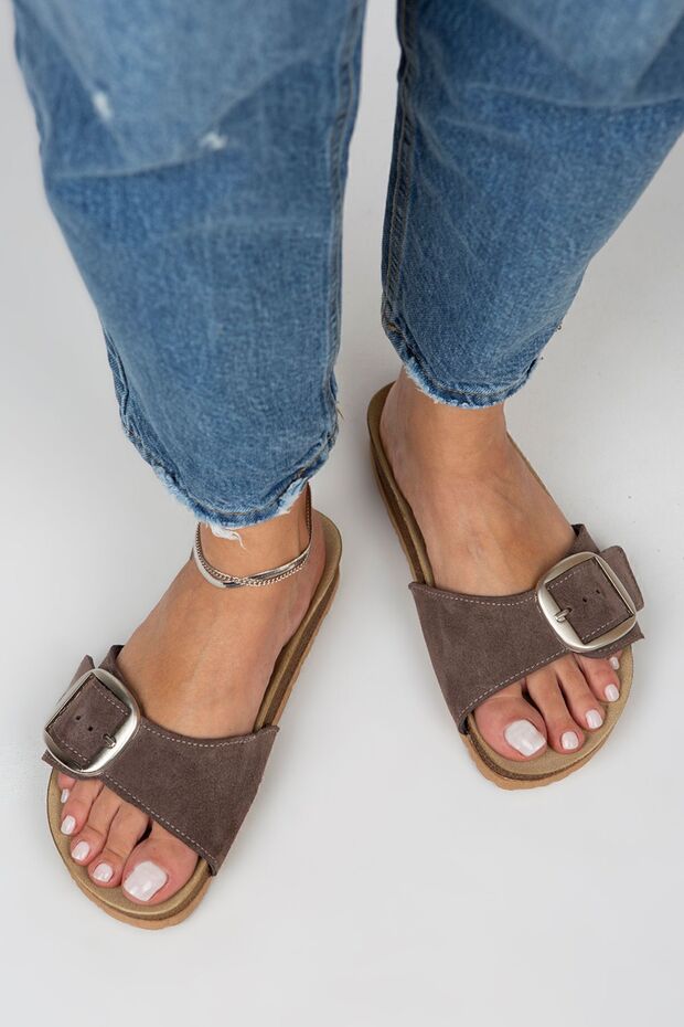 Jade Women's Leather Single Strip Brown - Silver Slippers