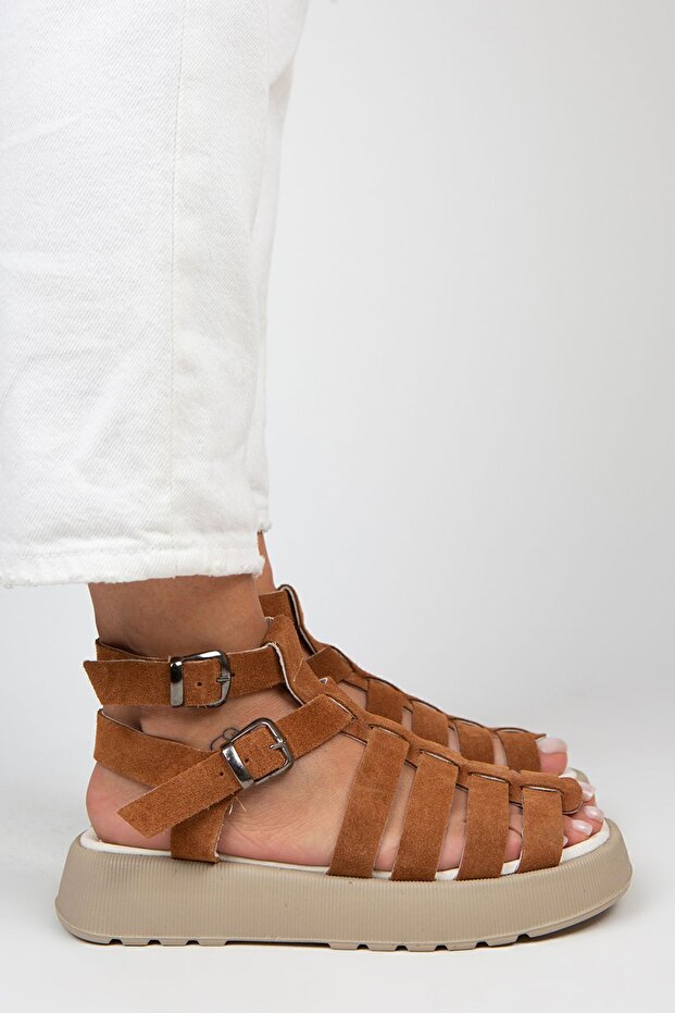 Women's Genuine Leather Caged Sandals Light Tan Sandals