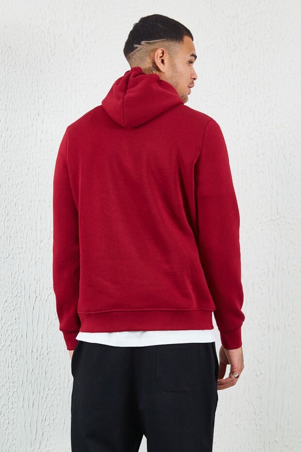 Kapüşonlu Basic Minimal Baskılı Sweat Bordo - 5