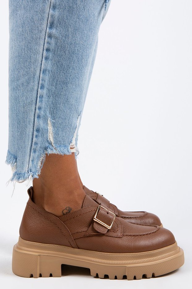 Gloria Women's Genuine Leather Loafers Belted Buckled Tan Shoes
