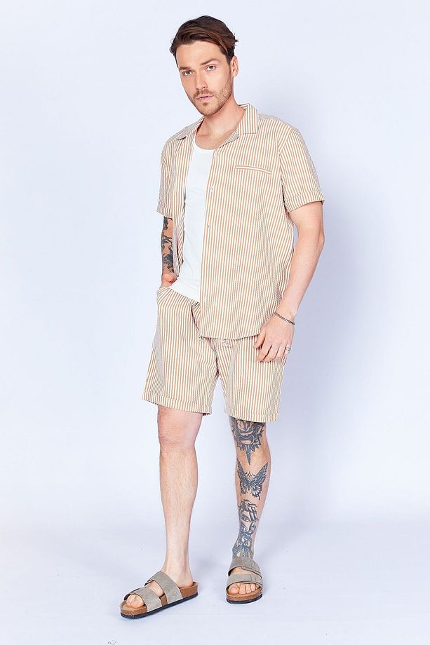Gofre Çizgili Jogger Beli Lastikli Erkek Şort  | Camel MES650453-01 - 3
