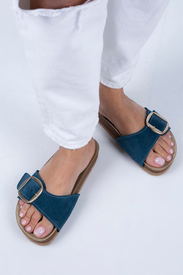 Jade Women's Genuine Leather Single Buckle Petrol Suede - Gold Slippers