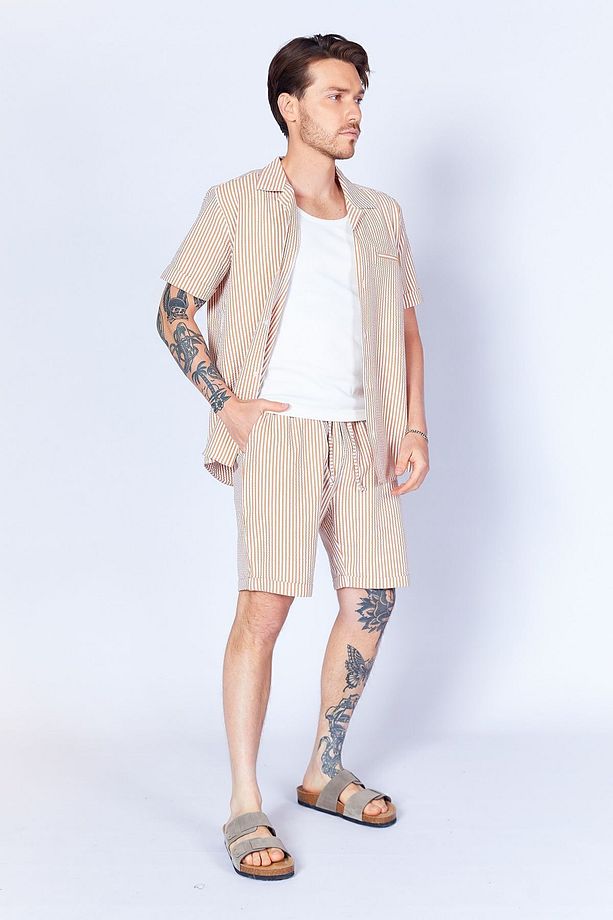 Gofre Çizgili Jogger Beli Lastikli Erkek Şort  | Camel MES650453-01 - 1